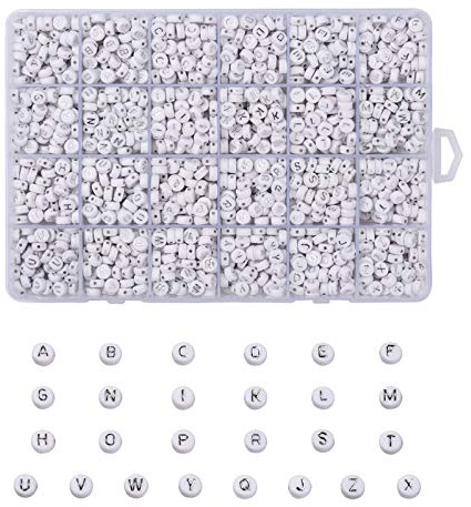 Cheriswelry Weiße Acryl-Alphabet-Perlen, 7 mm, flache, runde Scheibe, Silber, A-Z, Buchstaben-Abstandhalter, Perlen für Schmuckarmbänder, ca. 1728 Stück/Box