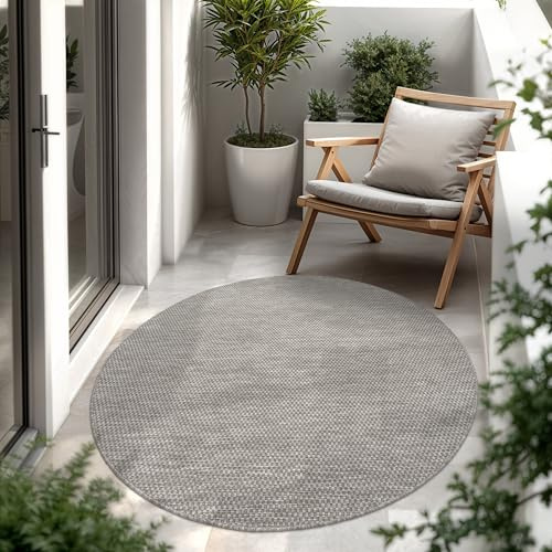 Paco Home Outdoor Teppich, Wetterfest Pflegeleicht Küchenteppich Ideal für Terrasse Balkon Garten, Flachgewebe Sisaloptik Modern Einfarbig meliert, 120 cm Rund, Grau