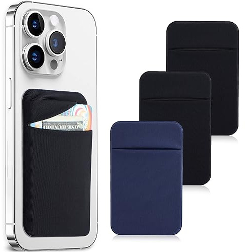 3Pack Cell Phone Card Holder Pocket for Back of Phone,Stretchy Stick on Wallet Credit Card ID Case Pouch Sleeve Self Adhesive Sticker with Flap for iPhone Samsung Galaxy-2Black+1Navy Blue