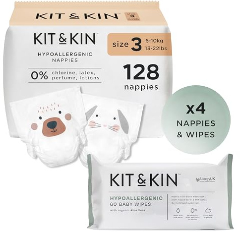 Kit & Kin Size 3 Newborn Starter Pack, 4 Nappy Packs & 4 Baby Wipes Packs | Plant-Based Materials On Baby's Skin, Hypoallergenic, Superior Leak Protection