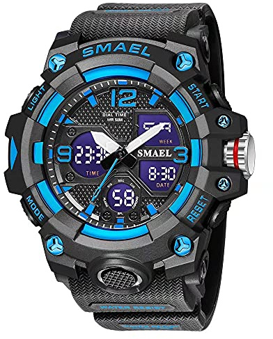 SMAEL Herren-Armbanduhr, Militär, Outdoor, wasserdicht, Sport-Armbanduhr, Datum, Multifunktions-LED-Wecker, Stoppuhr, digitale Uhren für Herren, Blau, Large Face, Digital