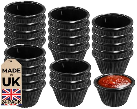 Chabrias Pack of 24 Fluted Traditional Ramekins Condiment Pots, Sauce Ramekins, Dip Bowls, Tough Plastic Sauce Pots, Made in England (Black 1oz)