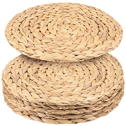 JAPCHET 6 Pack 33cm Water Hyacinth Woven Placemat, Round Natural Wicker Braided Placemats for Dining Table