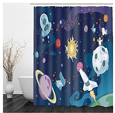 Banemi Shower Curtain 3D, Duschvorhang Anti Schimmel Dunkelblau Raumschiff Polyestergewebe 150X180cm für Eck Dusche mit 12 Duschvorhangringen