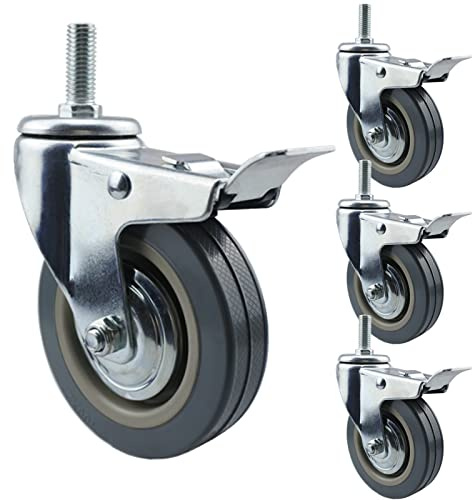 LIGUOYI 4 Stück - M10 M12 Vorbau Lenkrolle Ø75mm 100mm Rollen Für Möbel Klein Mit Bremse, Rollen Mit Gewinde Tragfähigkeit 120kg Hartbodenrollen Für Speisewagen Kinderbettwagen
