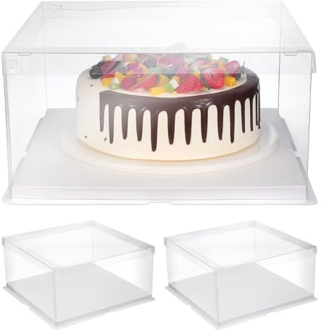 Cabilock Clear Cake Box with Cake Board, 3 Pcs Transparent Cake Carrier Box for 12 Inch Cakes, Tall PET Display Box with Lid for Birthday, Wedding and Celebration Cakes
