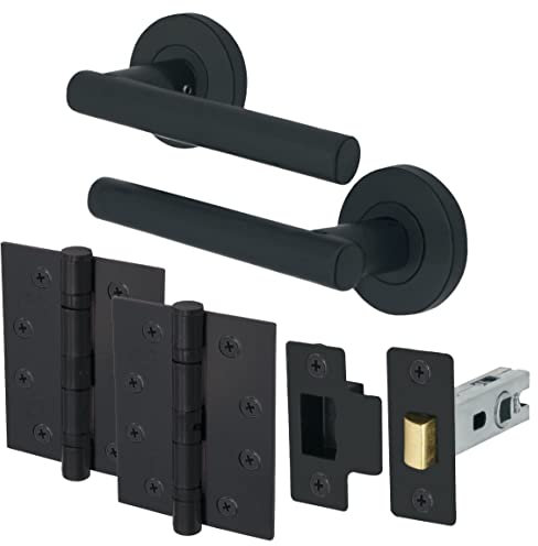 EAI Round Internal Door Handle Set - Matt Black | Latch (66mm), Handle, & Hinges (102mm) | Universal Black Door Handle | Office, Bedroom, Kitchen, Lounge & Closet Lever on Rose | Interior Handles