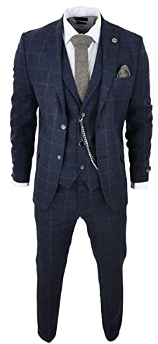 Men's 3 Piece Suit Wool Tweed Navy Blue Brown Check 1920s Gatsby Formal Dress Suits - Navy 36