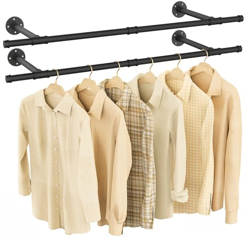 Yawinhe 112cm Kleiderstange zur Wandmontage,2 Pack Kleiderstände,Schwarz | Industrie-Design Abnehmbare Garderobenstange,Rohr-Kleidergestell Wandaufhänger für Kleidung Lagerung für Wohnzimmer