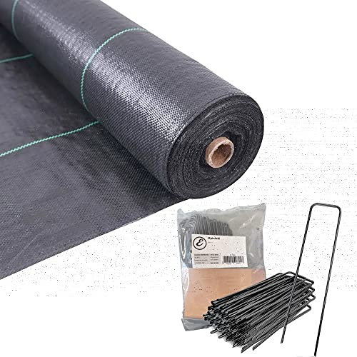 Telo Pacciamatura in Rotoli 90gr/mq + 50 Picchetti In Acciaio Anti Erbacce Pacciamante Orto Giardino Protezione Raggi UV Permeabile Drenante Copertura Terreno Antialga (H 160 cm x 100 M, Nero)