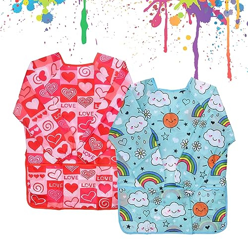 Qtuie Delantal Infantil para Pintura - 2 Piezas Impermeable con Mangas y 3 Bolsillos - Tela para Artes, Manualidades y Cocina - 3-7 Años (Cuore)