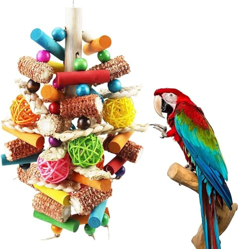 Large Bird Parrot Chewing Toy,Parakeet Toys Nature Durable Hanging Chewing Multicolored Natural Wooden Strips，Rattan Ball and Natural Corn Cob Tearing Toys for Large Bird Amazon Parrots African Grey.