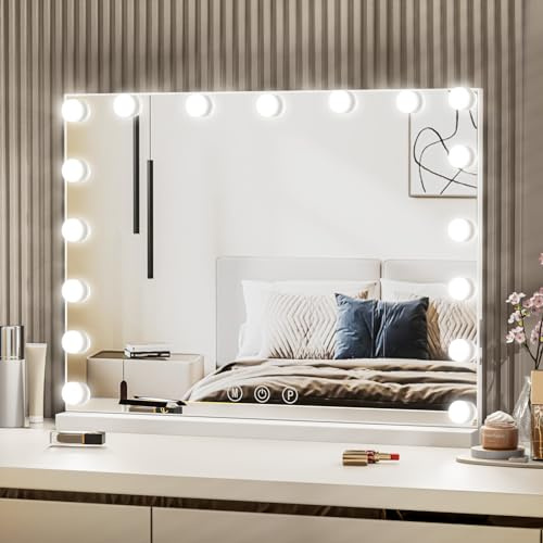 LIANWANG 80x60cm Hollywood Spiegel mit Beleuchtung, 17 LED Schminkspiegel mit Licht Dimmbar für Schminktisch, Makeup Vanity Mirror mit 3 Farbtemperaturen, Type C und USB