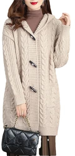 Cárdigan de otoño e invierno para mujer, suéter grueso, talla grande, chaqueta de punto con capucha, albaricoque, L