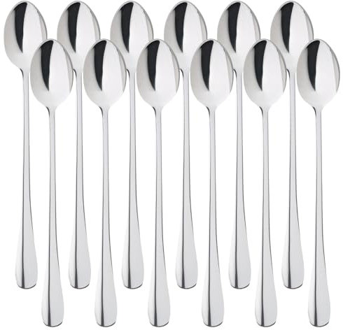 12 Stück Latte Macchiato Löffel Set, Edelstahl Eislöffel Lange Teelöffel Löffel Stiel Dessertlöffel Kaffeelöffel für Eiskaffee Eistee Milchshake Eisbecher kühles