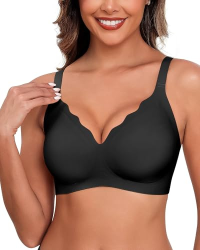 HORISUN Utan bygel-BH för kvinnor, sömlös bekväm V-ringning komplett bralette för stora bröst med stöd, ingen bygel, trådlös komfort, t-shirt, bh, svart, S