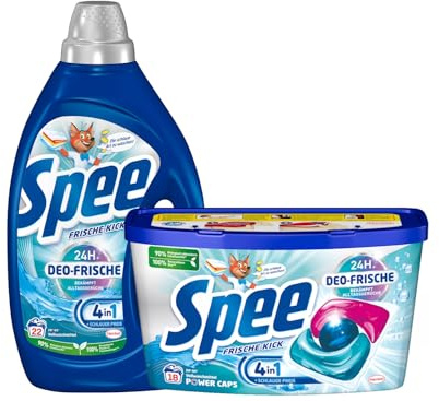 SPEE Deo-Frische-Set Gel 1x 22 Waschladungen Deo-Frische Frische-Kick & Power Caps 1x 18 Waschladungen Deo-Frische Frische-Kick, mit 4 + 1 Formel bekämpft Alltagsgerüche
