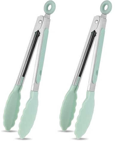 Cobee Pinza da Cucina, 2 Pezzi in Acciaio Inox e Silicone, 20 cm, Punte Senza BPA, Manico Antiscivolo, Resistenti al Calore (Verde)