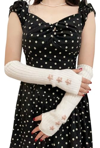 DUNKOING Söt Y2K armvärmare Kawaii stickade handledsvärmare lång japansk Harajuku gotisk fingerlös ärm för kvinnor flickor, Vit-stjärna, Standard