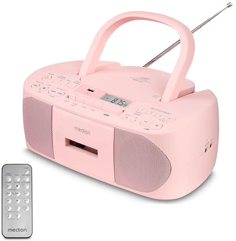 MEDION E65010 Stereoradio (CD-Player, Kassette, USB Anschluss, AUX Audioeingang, MP3-Widergabe. UKW PLL Radio,40 Senderspeicher, Batteriebetrieb, Fernbedienung) rosa