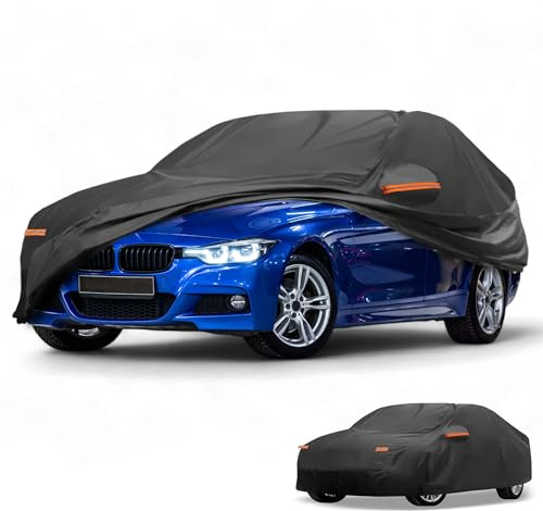 Partuto Funda de Coche Impermeable para Todo Clima Protección Solar y contra la Lluvia Exterior Completa para BMW Serie 1 Sedán Película de Aluminio Negra con Franjas Reflectantes