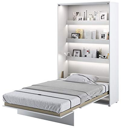 Vertikales Wandbett mit Gasdruckmechanik, Stauraum und verstecktem Schrank, 120 cm, weiß, glänzend, platzsparendes Klappbett für kleine Räume