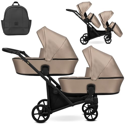 Kunert BRAV DUO Passeggino Gemellare 2 in 1+Accessori: Comfort, Sicurezza, Praticità, design elegante e funzionale, sistema versatile, telaio in alluminio (ecopelle cappucino/telaio nero)