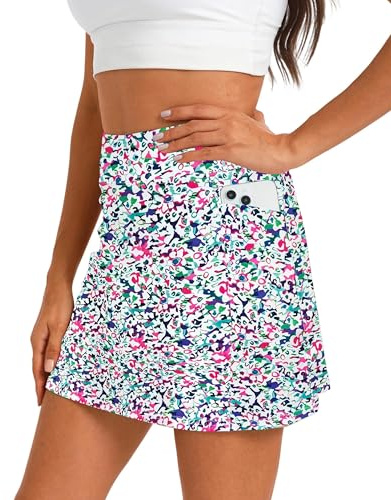 Oyamiki Gonna da tennis da donna, da golf, con pantaloni, a vita alta, estiva, corta, per escursioni, sport all'aria aperta, 4 tasche, Riepilogo stampato 1, M