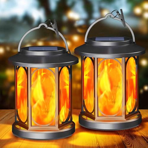 Solar Lights Outdoor Garden, 2Pack Hanging Solar Lanterns for Outside, Outdoo Lighting for Outside with Realistic Flickering Flame LED, Garden Lights Suitable for Decorating Paths and Terraces