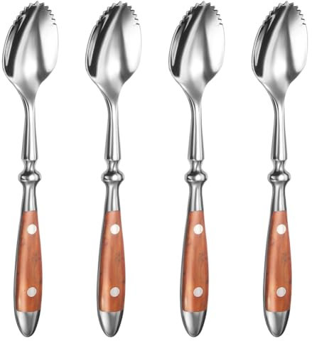 Losueeun Lot de 4 cuillères à pamplemousse striées en acier inoxydable 18/8 avec manche en bois
