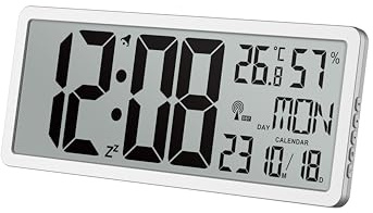 tchnoline WS8135 Horloge murale numérique moderne radio-pilotée avec grand affichage, cadre mince, température, humidité, jour de la semaine, date, couleur : argent, dimensions 36,9 cm x 22,9 cm x 2,4