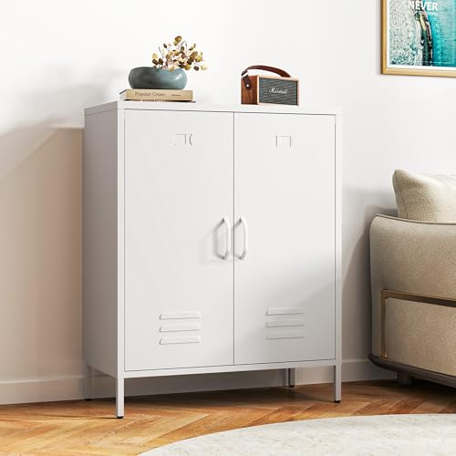 Bekrvio Kommode Optimierter Belüftung – Metall Sideboard mit Doppeltür, Metall Kommode verstellbaren Regalböden, stabil & langlebig, mit durchdachter Anleitung,Mehrzweckschrank (Weiß)