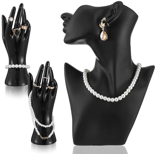 Lemecima 3 Pcs Jewelry Mannequin Display Set Including Boutique Bust Holder Mannequin Earring Stand Hand Display Bracelet Ring Stand for Selling Show(Black)