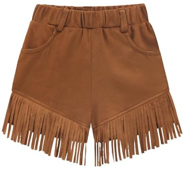 duxyoz Short à franges en daim pour filles - Tenue de cowgirl avec poches - Jambe large - Short vintage streetwear pour enfants - Taille élastique - Pantalon court rétro à enfiler - 5-14 ans, Marron