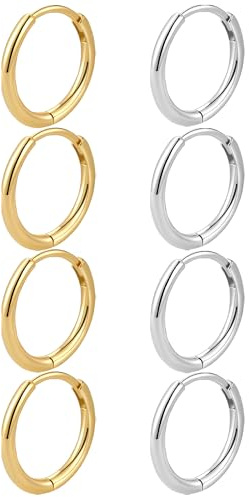 JUZICHEN 3-7 Paires Boucles d'oreilles Créoles Pour Femme, Creoles Or Argent Femme Homme, Hypoallergénique Boucles d'oreilles Mini Creole Acier Inoxydable (4 paires,14mm,Or+Argent)