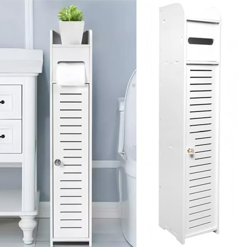 White Wooden Toilet Roll Tissue Paper Cabinet, Free Floor Standing Bathroom Storage Cupboard Cabinet with Doors and Shelves, Slim Toilet Cabinet, Narrow Organizer Shelf Paper Holder 80x15x15cm