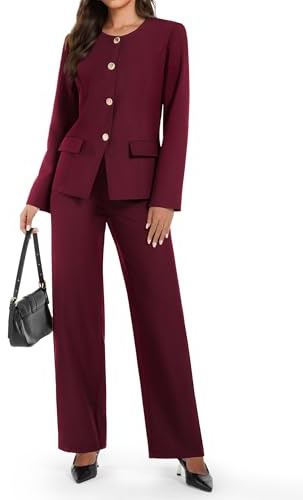 Casly Lamiit 2-teiliges Business-Casual-Outfit für Damen, Rundhalsausschnitt, Button-Down-Blazer, weites Bein, elegante Hosen, Anzug-Sets, Weinrot, X-Groß