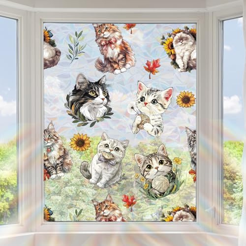 BOXOB Katzen Buntglas Fensterfolie, 100x43 cm Süße Dekorative Sichtschutzfolie für Fenster 3D-Holografische Bunte Glasaufkleber für die Dekoration von Zuhause Zimmer und Büro