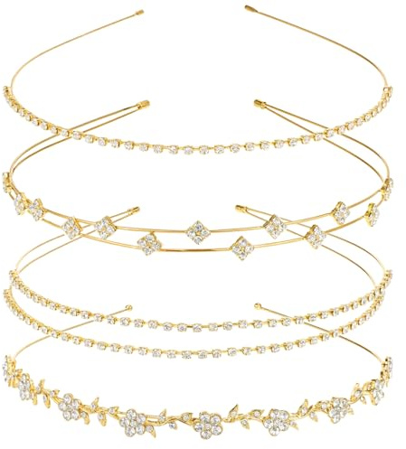 4 Pcs Gold Headbands for Women Bridal Headband Crystal Flower Prom Headpiece Flower Leaf Tiara Crown Head Band Wedding Hair Accessories for Ladies Festival Gifts 5.51× 4.52 Inch
