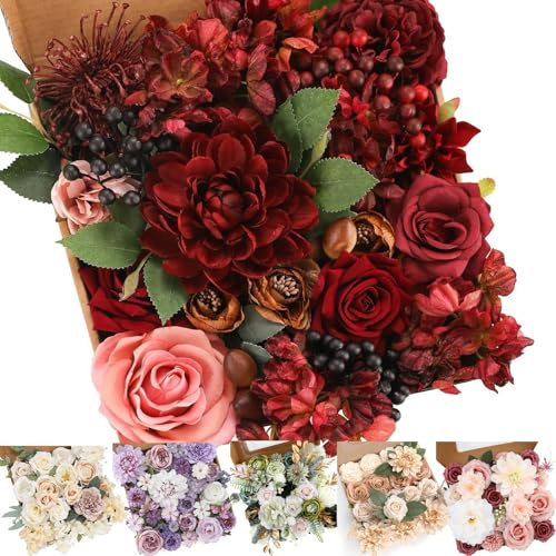 Artificial Flowers Wedding Pink Flowers, Combo Pink Flowers Mix Silk Dahlia Roses with Stems for Wedding Bridal Bouquets Centerpieces Cake Decor Baby Shower Home Decorations