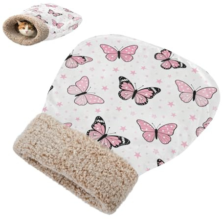 miaozhen Schlafsack, überzogenes Katzenbett für Haustiere, rosa Schmetterlinge und Sterne, Haustiermatte, für kaltes Wetter, bequem, selbstwärmend