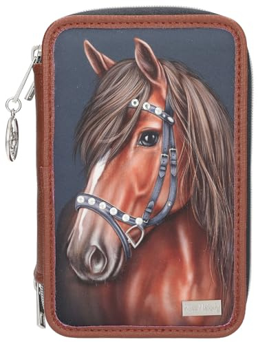 Depesche 13688 Miss Melody Luxury Horse - Gefüllte 3-Fach Federtasche in Dunkelblau und Braun, mit Pferde Motiv und Glitzersteinen, Federmappe mit Buntstiften, Schere, Lineal UVM.