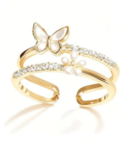 Etnirothbw Adjustable Butterfly Ring for Women & Girls, Gold-Plated Open Ring with Cubic Zirconia, Dainty Double-Layer CZ Statement Ring, Fashion Jewelry Gift for Her