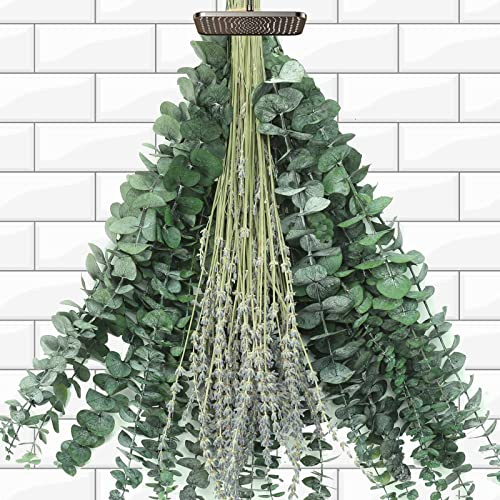 115 PCS Mixed Dried Eucalyptus Stems with Lavender Flowers Bundle for Shower, 17'' Natural Real Live Eucalyptus Leaves Branches Hanging Shower Plant for SPA Home Fragrance Bathroom Table Vase Decor