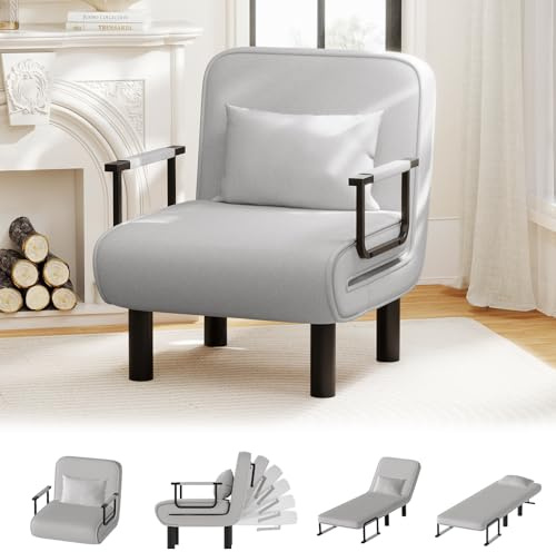 Ckaff Schlafsessel 4 in 1 mit Bettfunktion, Gästebettfür, Schlafsofa mit Bettfunktion, Sessel mit Schlaffunktion mit Verstellbar Rückenlehne für Wohnzimmer Schlafzimmer Balkon, Hellgrau