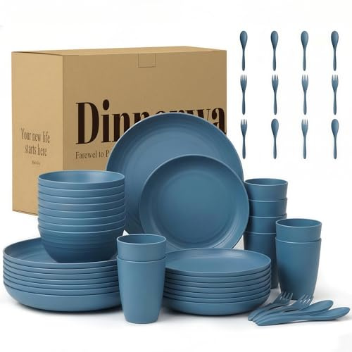 Wrova Unbreakable Dinner Set 48-Piece Reusable Plastic Cutlery Set | Plates and Bowls Set, Cups, Forks and Spoons, Microwave & Dishwasher Safe Plates Set for Outdoor, Camping Dishes - Blue