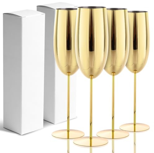 AKOLAFE Gold Wine Glasses Set of 4, 280ml Gold Champagne Flutes with Thin Stem, Unbreakable Stainless Steel Metal Wine Glasses, Boxed Gift for Parties and Events