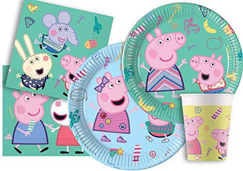 Partygeschirr Party-Set Peppa Pig Messy Play für 24 Personen (112 pcs: 24 Pappteller Ø23cm, 24 Pappteller Ø20cm, 24 Becher 200ml, 40 Servietten 33x33cm)