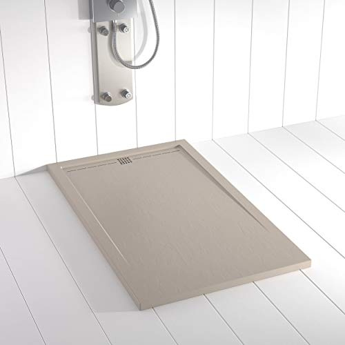 Plato de ducha resina FLOW desagüe lineal frontal color Arena 100x70 textura pizarra antideslizante rejilla del mismo color con válvula