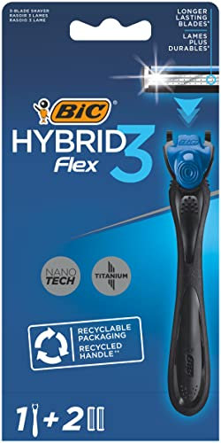 BIC Deutschland Hybrid 3 Flex Rasierer Herren, Nassrasierer mit 2 Wechselklingen mit je 3 Klingen, mit Aloe Vera & Vitamin E, aus recyceltem Material